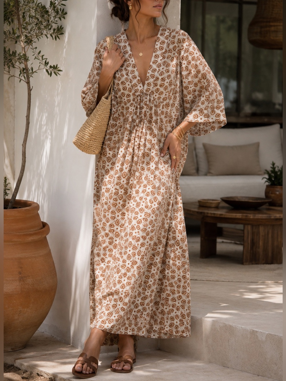 Just Cruizin Boho Beige Paisley Maxi Caftan Dress Size L
